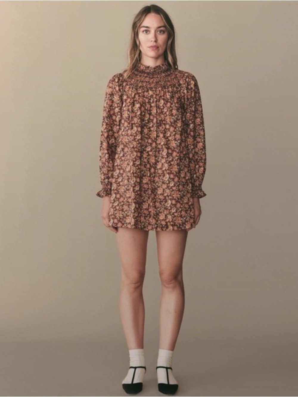 Doen Brown Floral Smocked Mini Dress